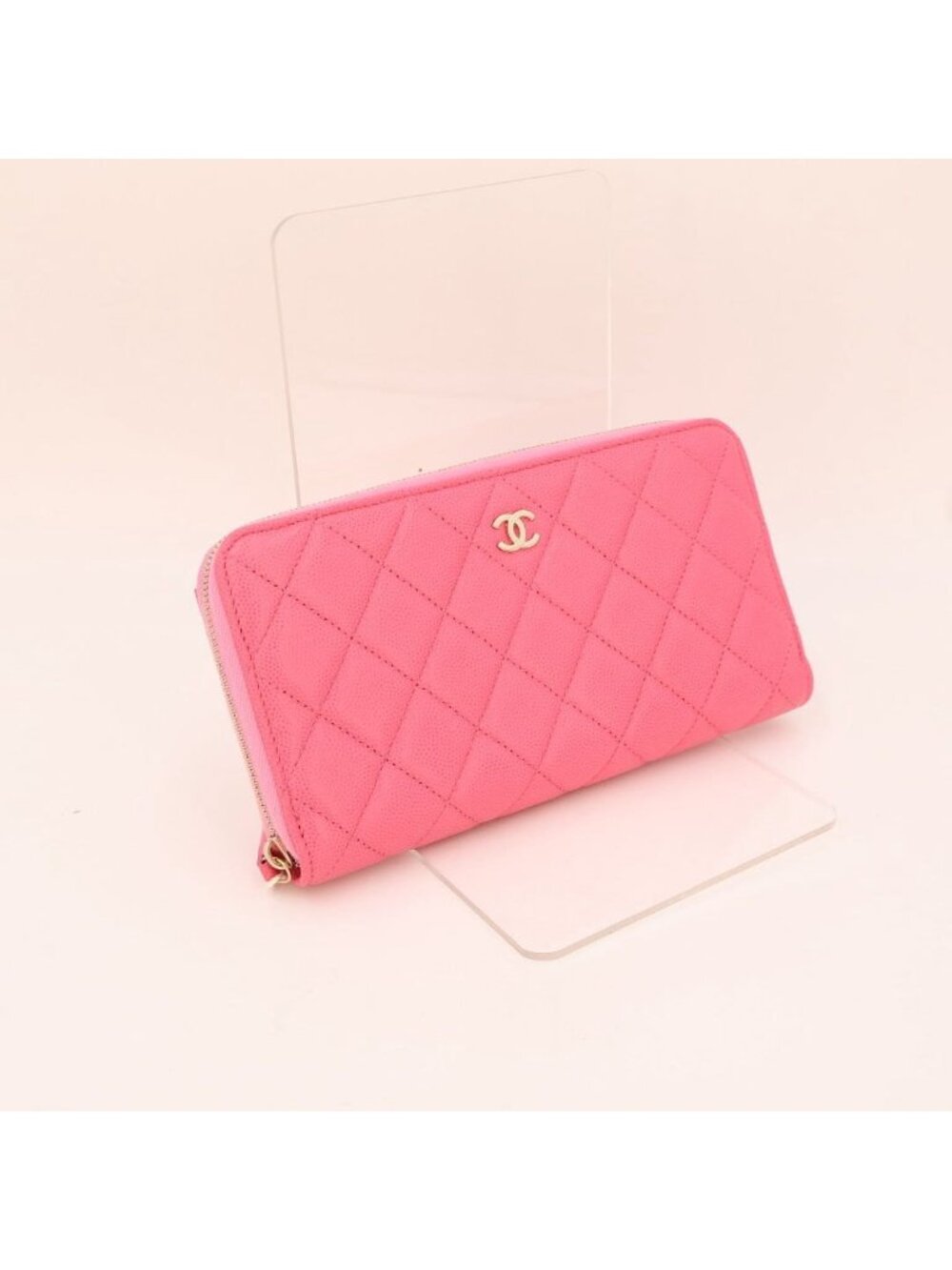 Chanel Quilted Caviar Leather Round Zip Wallet Pink Gold